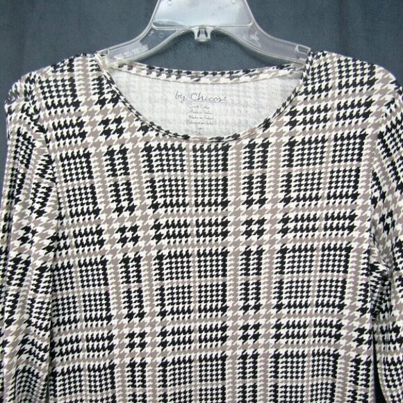 Chicos Plaid Houndstooth Cream Black Taupe Top Size M 1 Long Sleeve 100% Cotton - Picture 2 of 8